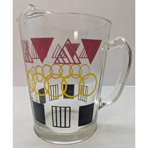Vintage Bartlett Collins Glass Pitcher MCM Geometric Red Triangles Yellow Rings